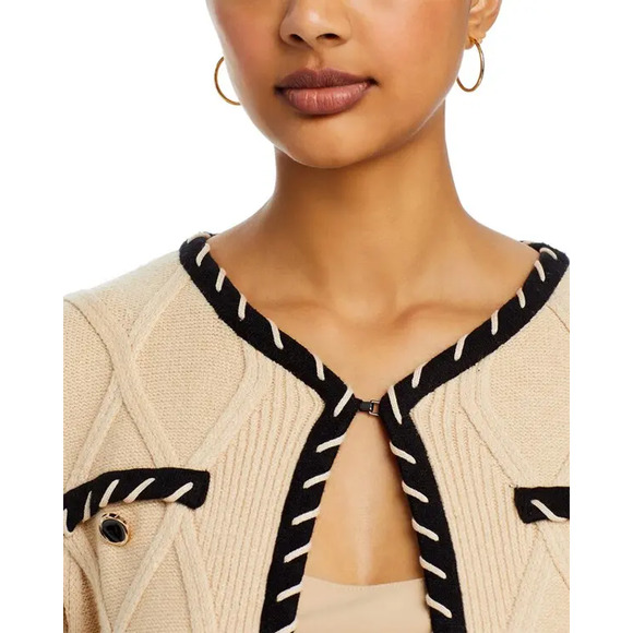 NEW Misook Contrast Trim Knit Jacket Textural Cable Knit Biscotti Black Size XL - Picture 7 of 10